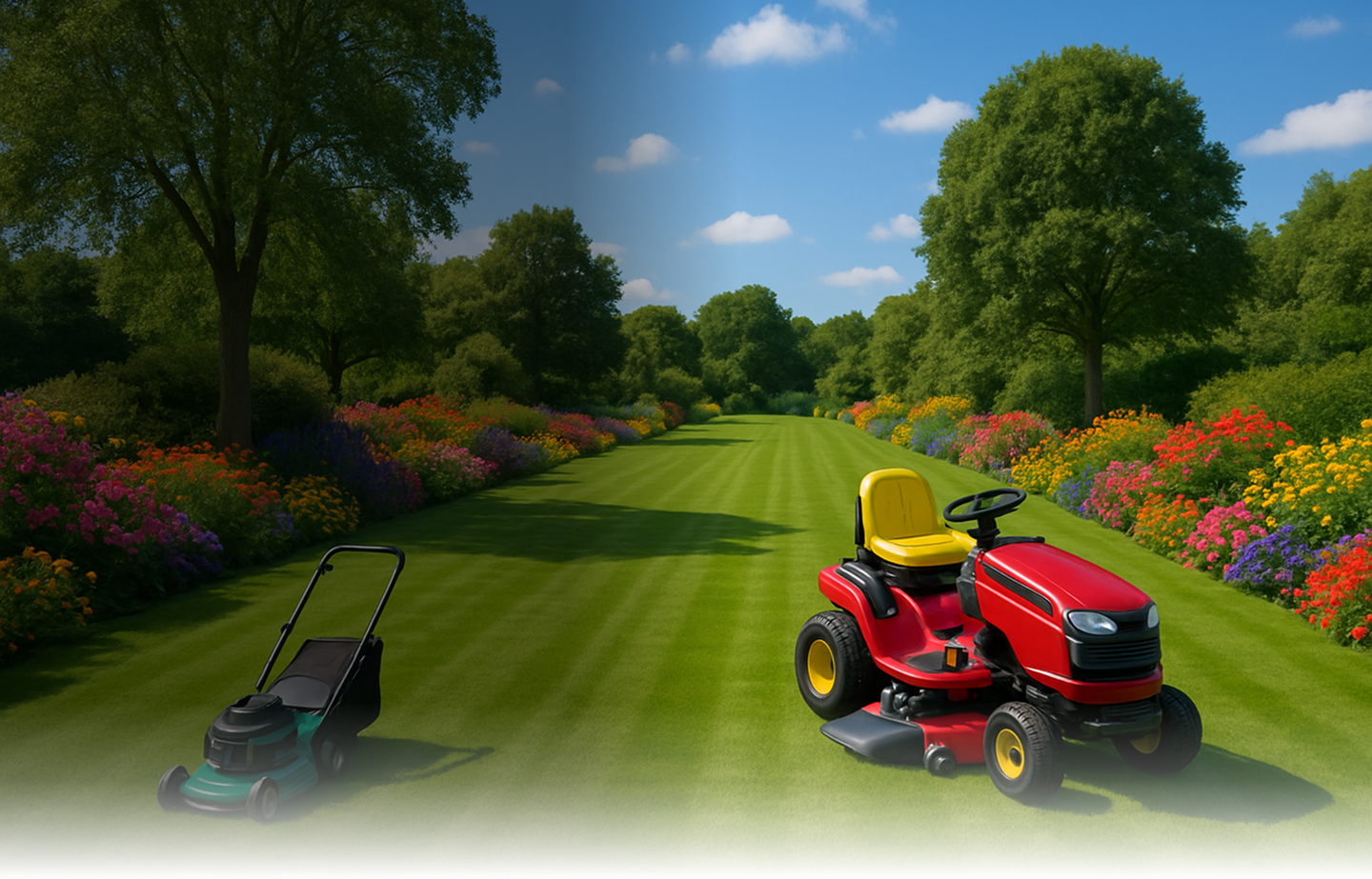 Rasenmäher auf dem gemähten Garten voller Blumen